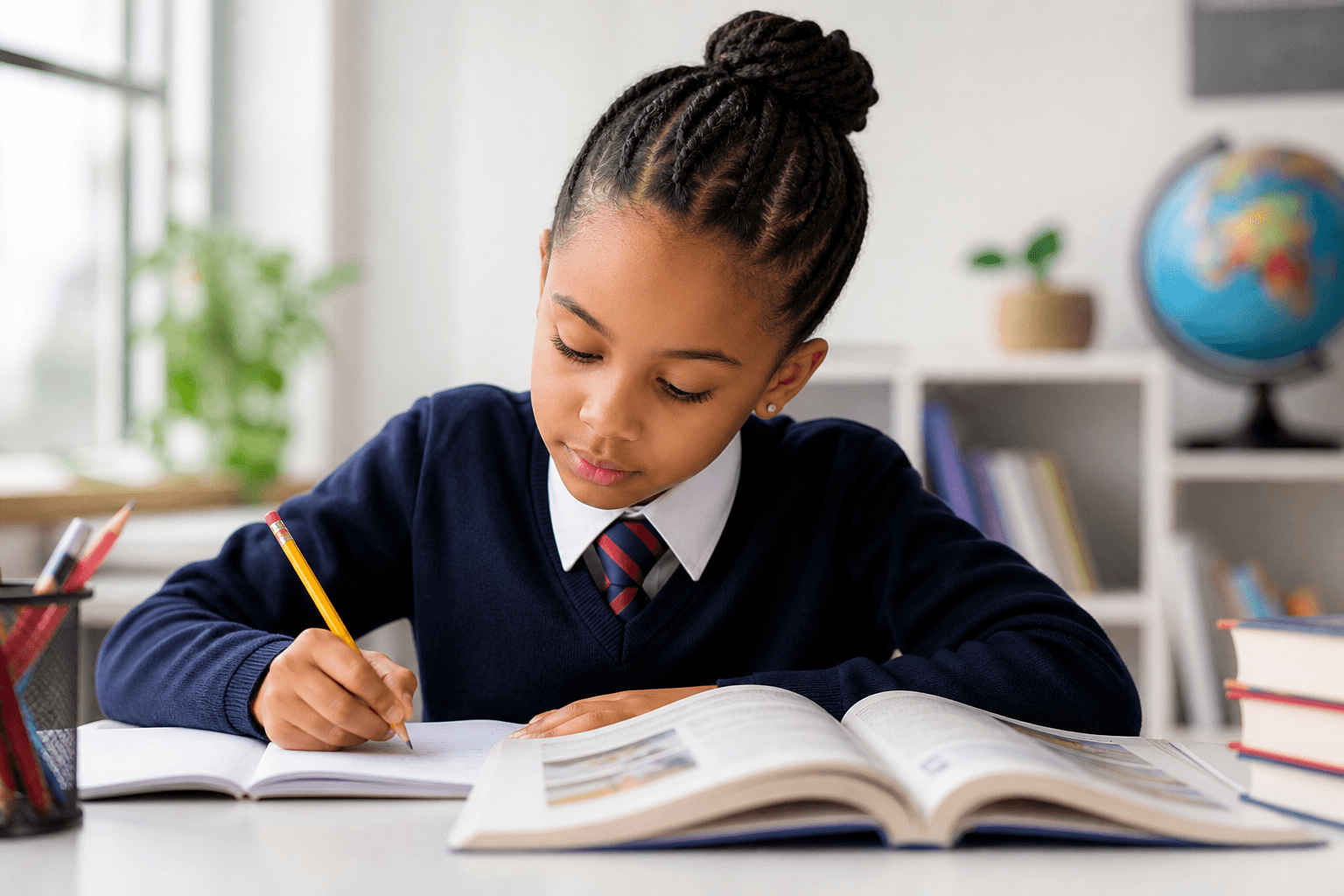 Child reading and writing in an open textbook